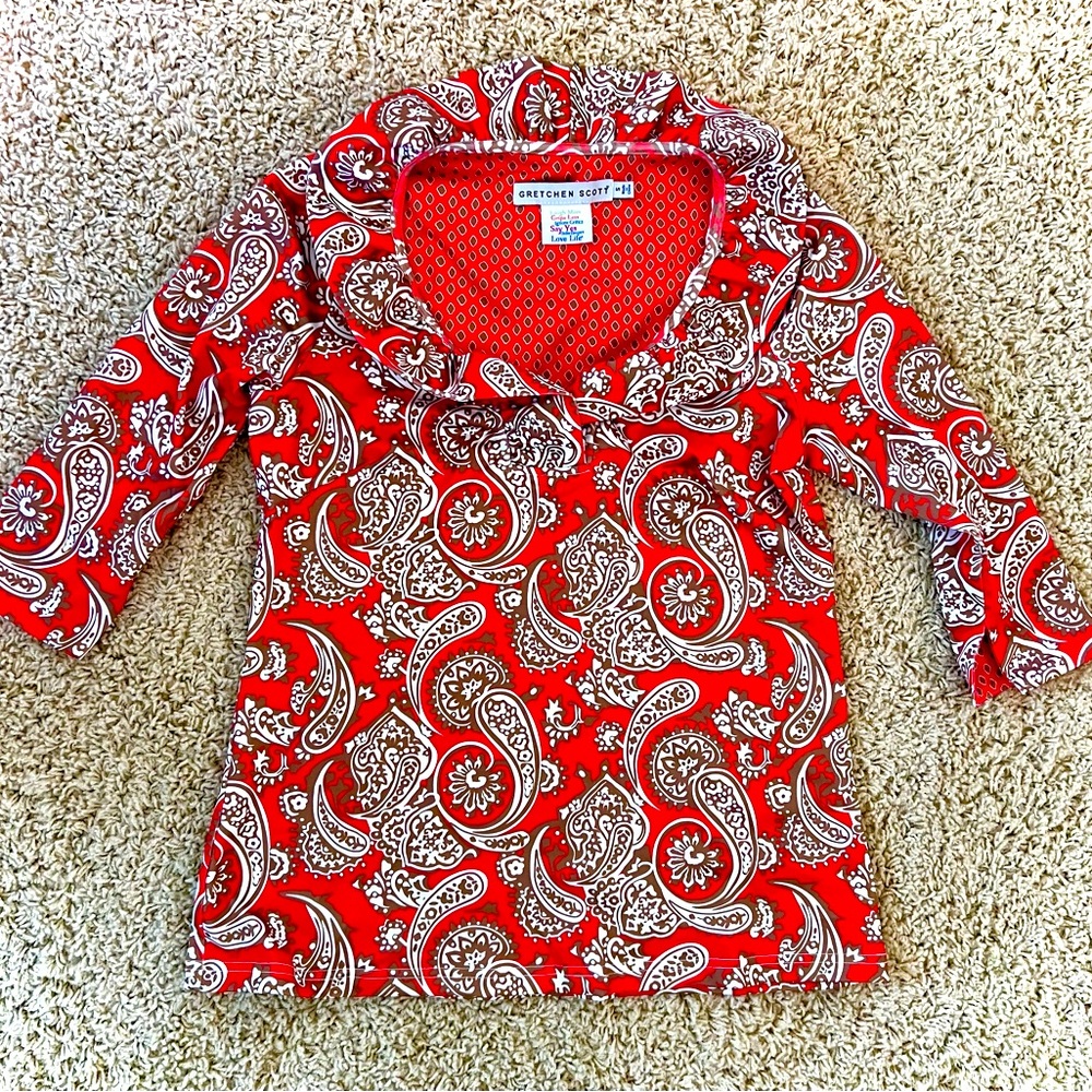 Gretchen Scott cute coral paisley stretch ruffle collar dress blouse casual top